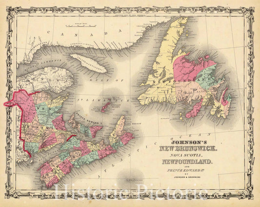 Historic Map : Johnson Map of New Brunswick, Nova Scotia and Newfoundland, Canada, 1861, Vintage Wall Art