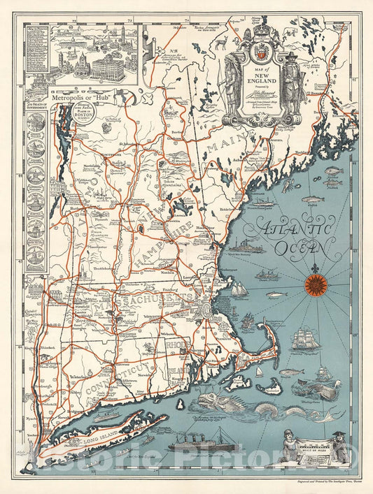 Historic Map : Griswold Tyng Pictorial Map of New England, 1928, Vintage Wall Art