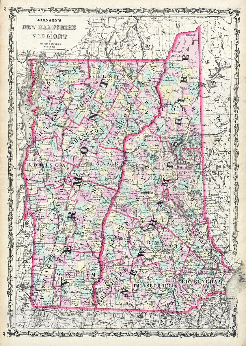 Historic Map : Johnson Map of New Hampshire and Vermont, 1861, Vintage Wall Art