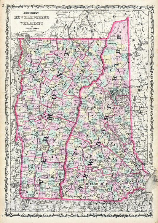 Historic Map : Johnson Map of New Hampshire and Vermont, 1861, Vintage Wall Art