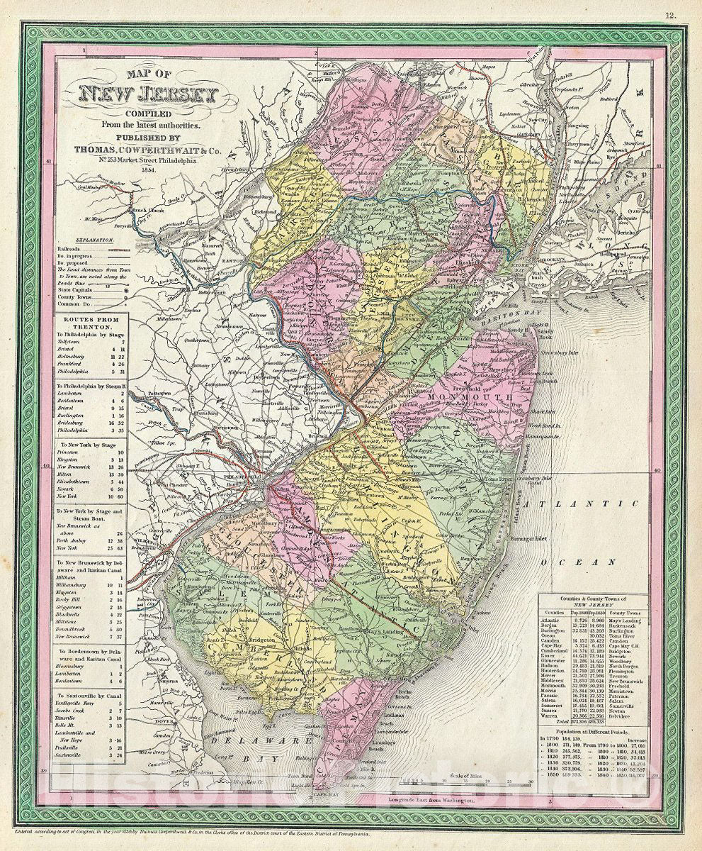 Historic Map : Mitchell Map of New Jersey, 1854, Vintage Wall Art