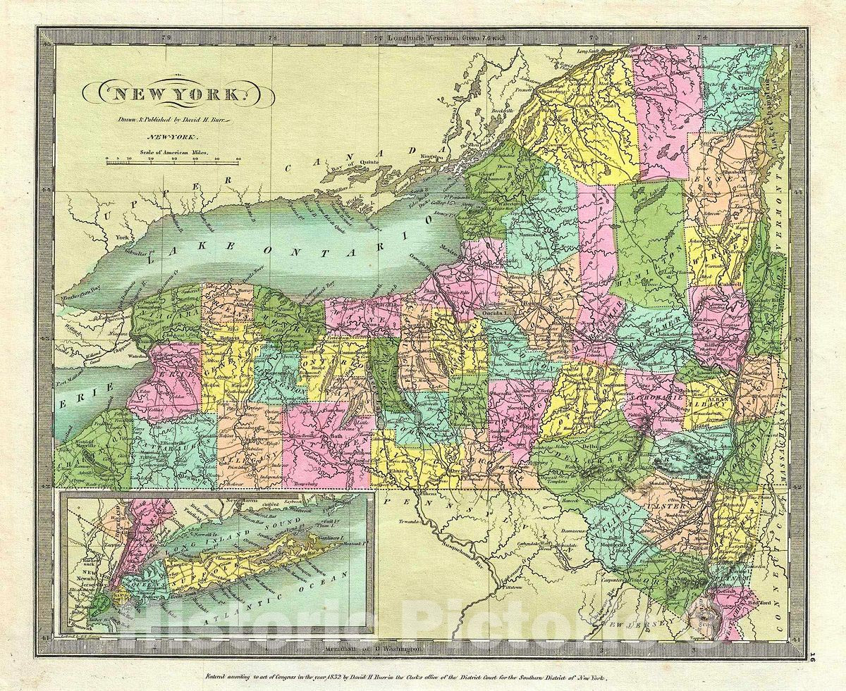 Historic Map : Burr Map of New York, 1832, Vintage Wall Art