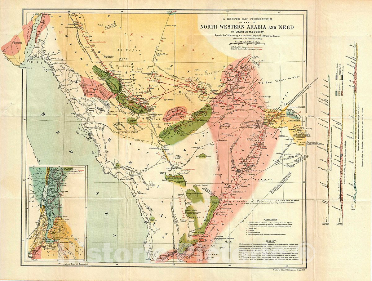 Historic Map : Doughty Map of North West Arabia (Saudi Arabia), 1883, Vintage Wall Art