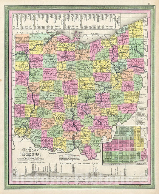 Historic Map : Burrows, Mitchell Map of Ohio, 1846, Vintage Wall Art