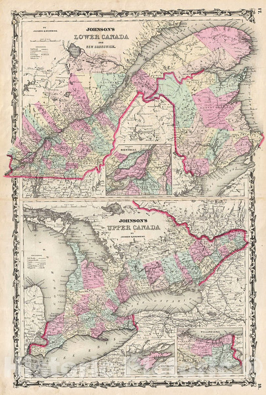 Historic Map : Johnson Map of Upper Canada, Lower Canada and New Brunswick, 1861, Vintage Wall Art