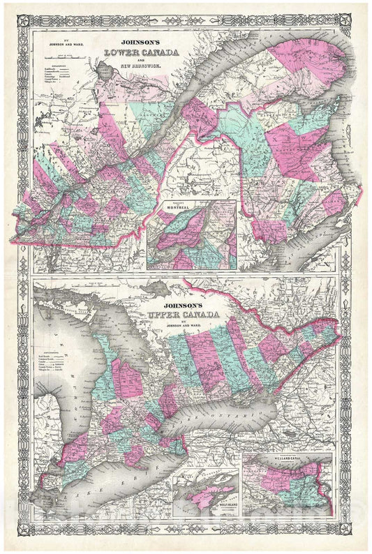 Historic Map : Johnson Map of Upper Canada, Lower Canada and New Brunswick, 1864, Vintage Wall Art