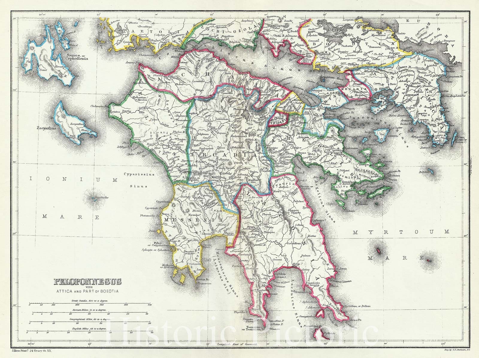 Historic Map : Hughes Map of The Peloponnese Peninsula or Southern Greece in Antiquity, 1867, Vintage Wall Art
