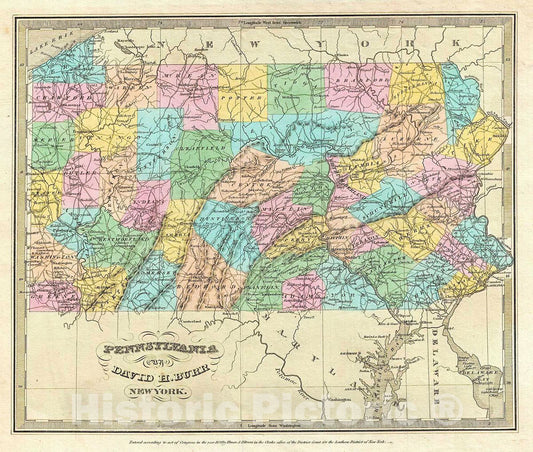 Historic Map : Burr Antique Map of Pennsylvania, 1834, Vintage Wall Art