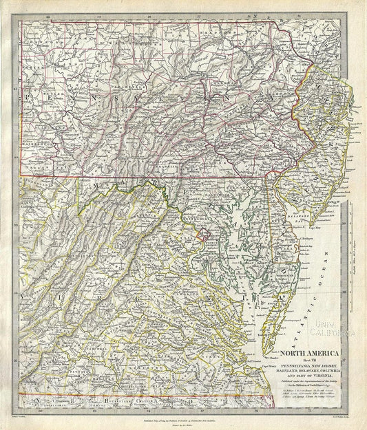 Historic Map : Pennsylvania, Virginia, Maryland, Delaware and New Jersey,S.D.U.K, 1833, Vintage Wall Art