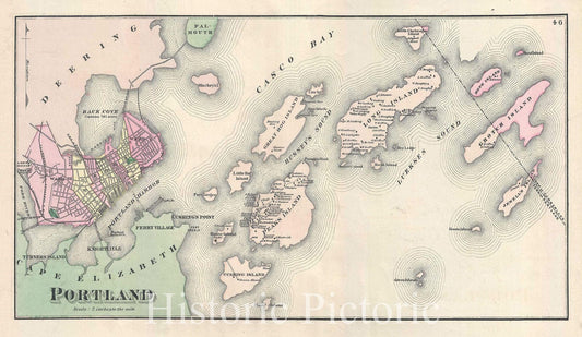 Historic Map : Antique Map of Portland, Maine, 1885, Vintage Wall Art