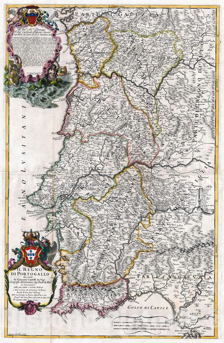 Historic Map : RossiCantelli Map of Portugal, 1693, Vintage Wall Art