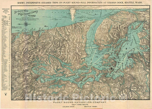 Historic Map : Bird's Eye View or Map of Puget Sound, Washington, 1927, Vintage Wall Art