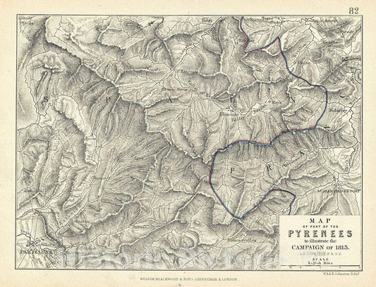 Historic Map : Blackwood Map of Part of The Pyrenees Moutains, 1852, Vintage Wall Art