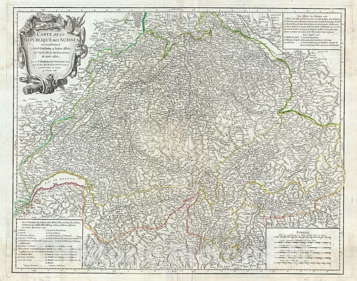 Historic Map : Vaugondy Map of Switzerland, 1756, Vintage Wall Art