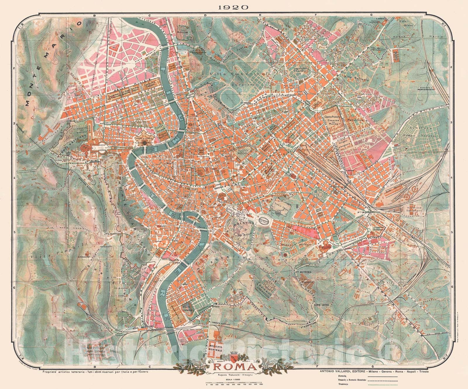 Historic Map : Trabacchi Antique Map of Rome, Italy, 1920, Vintage Wall Art
