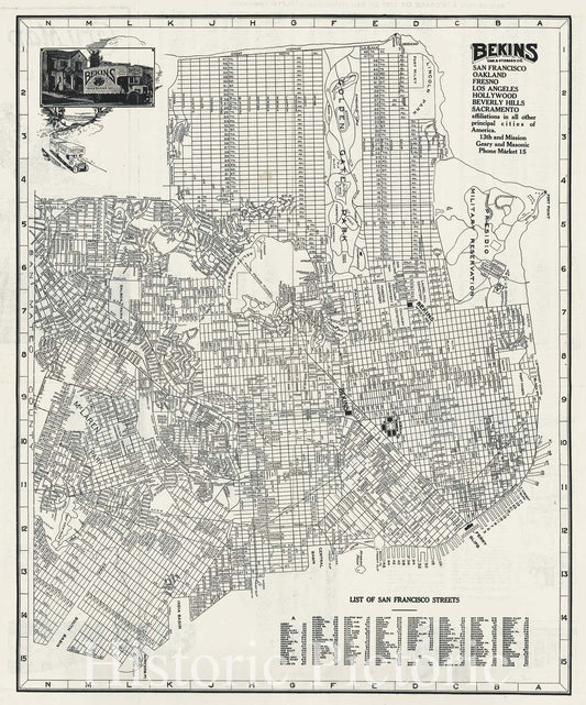 Historic Map : Bekins Antique Map or Plan of The City of San Francisco, California, 1930, Vintage Wall Art