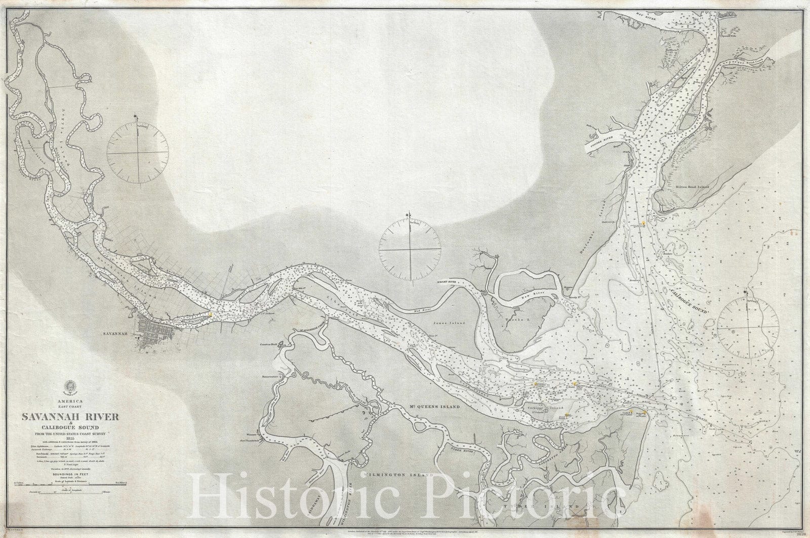 Historic Map : British Admiralty Map of The Savannah River and Calibogue Sound, Georgia, 1861, Vintage Wall Art