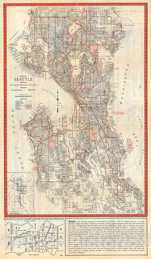 Historic Map : Smith Antique Map or Plan of Seattle, Washington, 1948, Vintage Wall Art