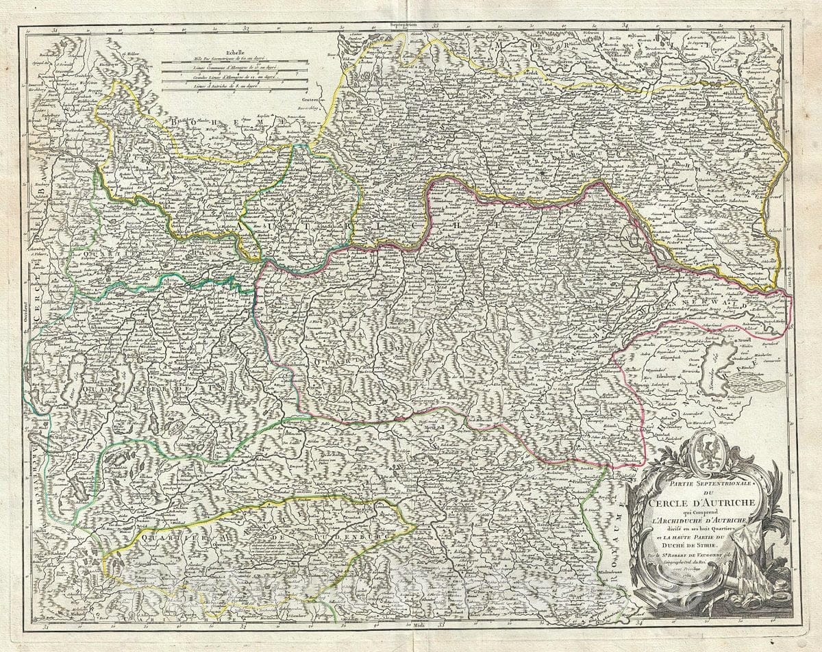 Historic Map : Vaugondy Map of The Northern Part of Austria, 1752, Vintage Wall Art