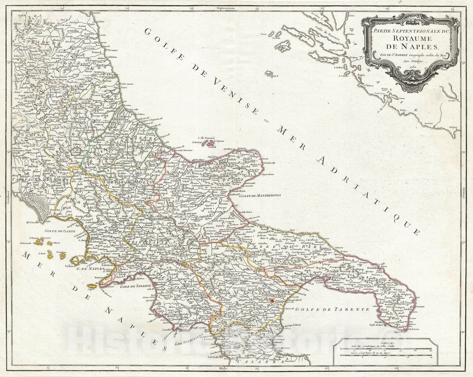 Historic Map : Vaugondy Map of Northern Naples in Southern Italy, 1750, Vintage Wall Art