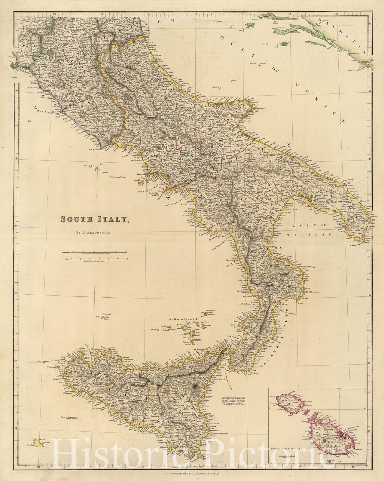 Historic Map : Arrowsmith Map of South Italy (Naples and Sicily), 1842, Vintage Wall Art