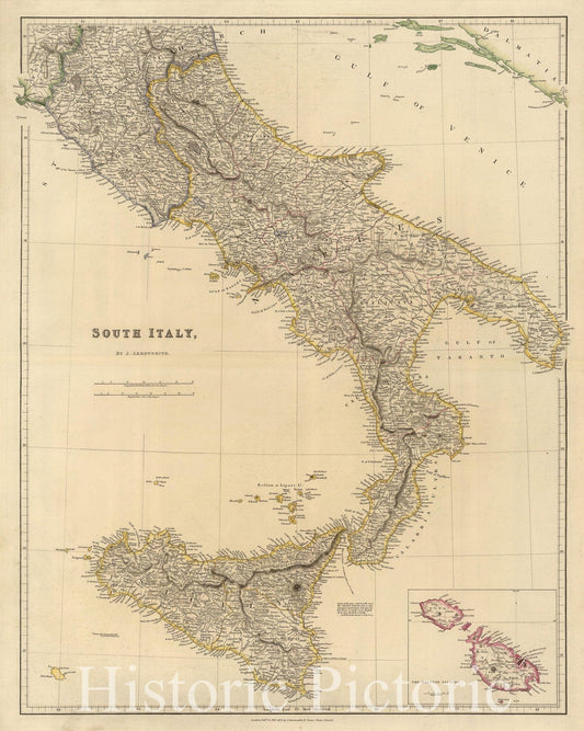 Historic Map : Arrowsmith Map of South Italy (Naples and Sicily), 1842, Vintage Wall Art