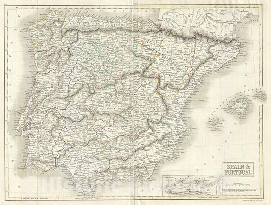 Historic Map : Black Map of Spain and Portugal, 1844, Vintage Wall Art