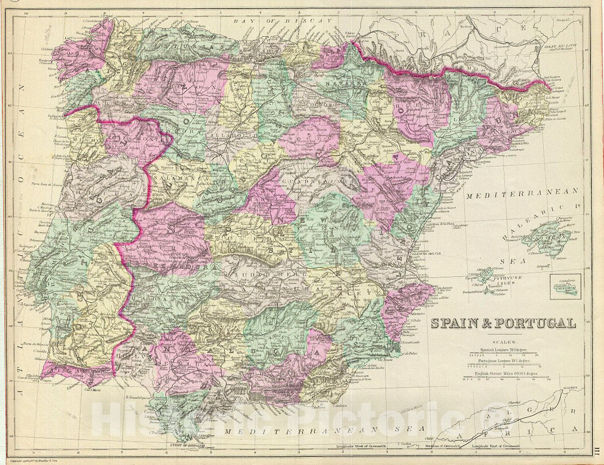 Historic Map : Bradley Map of Spain and Portugal, 1887, Vintage Wall Art