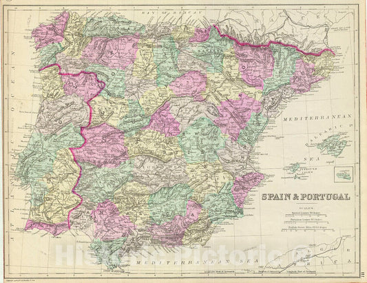 Historic Map : Bradley Map of Spain and Portugal, 1887, Vintage Wall Art