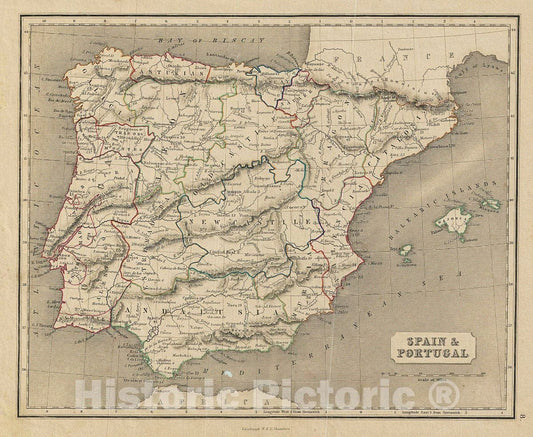 Historic Map : Chambers Map of Spain and Portugal, 1845, Vintage Wall Art