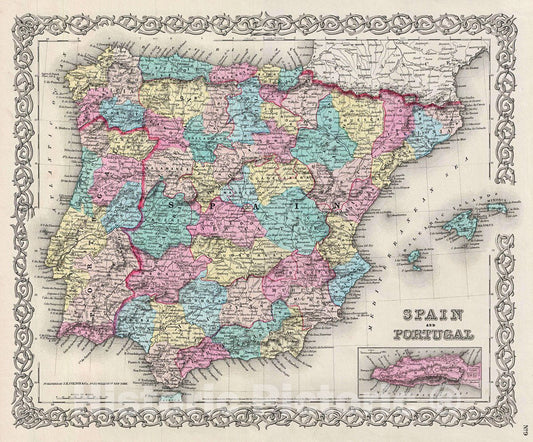 Historic Map : Colton Map of Spain and Portugal, 1856, Vintage Wall Art