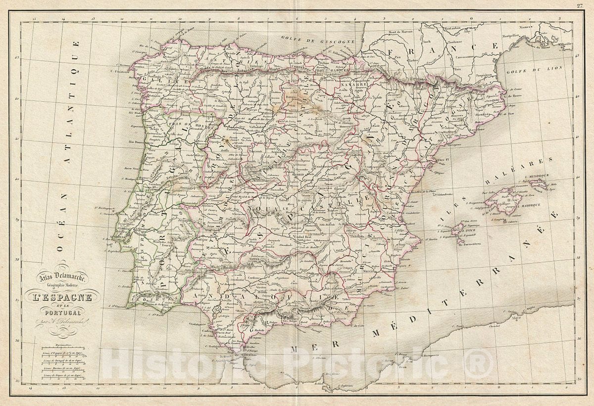 Historic Map : Delamarche Map of Spain and Portugal, 1850, Vintage Wall Art