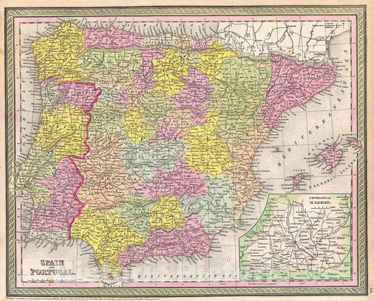 Historic Map : Mitchell Map of Spain and Portugal, Version 3, 1854, Vintage Wall Art