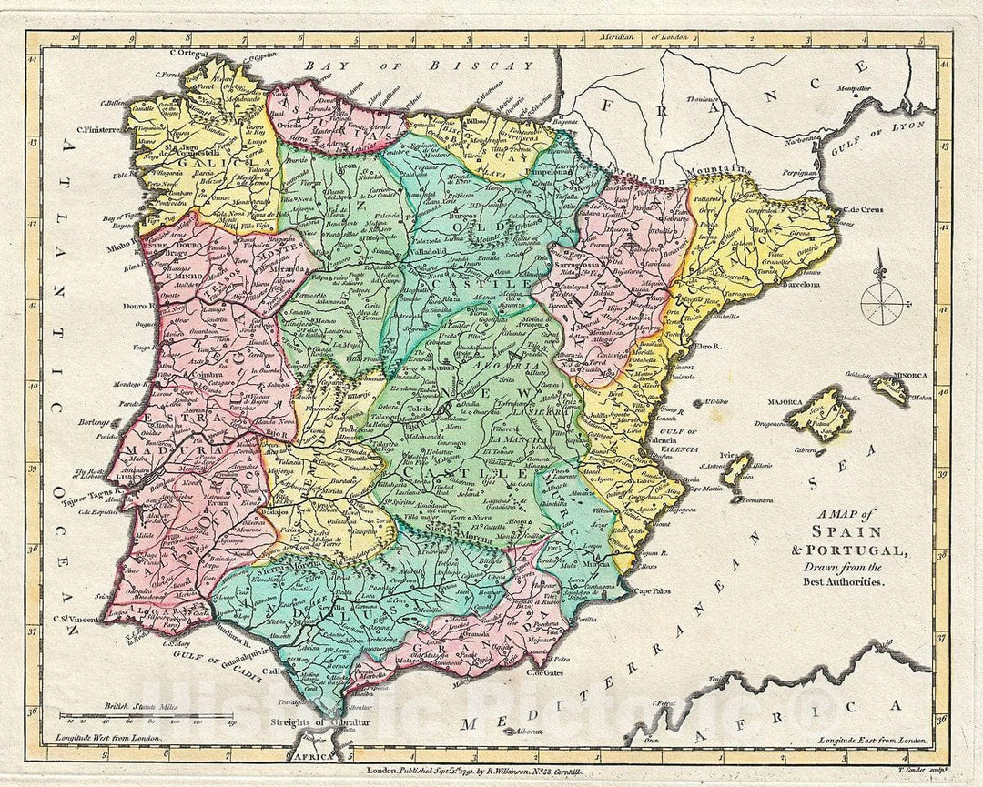 Historic Map : Wilkinson Map of Spain and Portugal, 1791, Vintage Wall Art