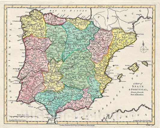 Historic Map : Wilkinson Map of Spain and Portugal, 1791, Vintage Wall Art