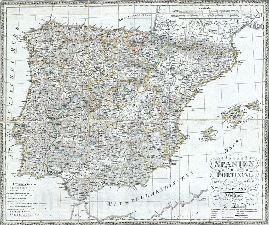 Historic Map : Weiland Map of Spain and Portugal, 1827, Vintage Wall Art