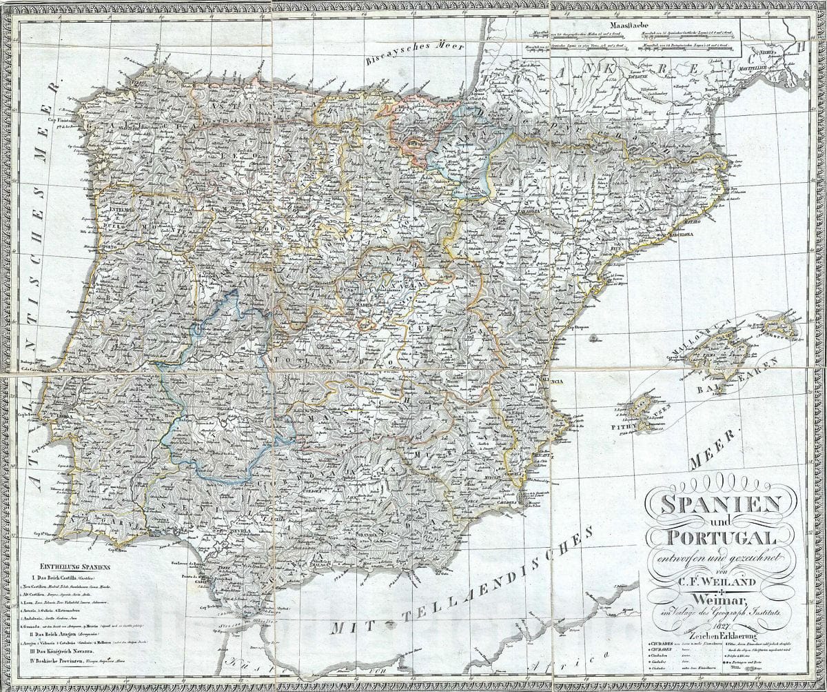 Historic Map : Weiland Map of Spain and Portugal, 1827, Vintage Wall Art
