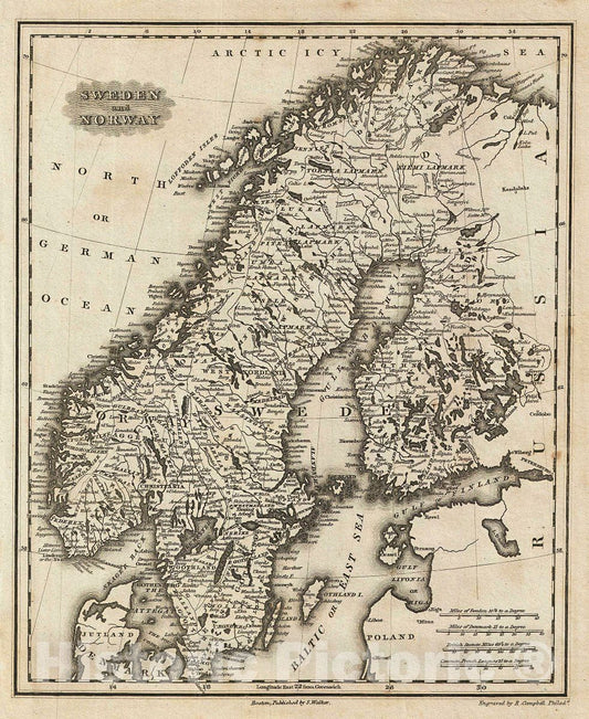 Historic Map : MalteBrun Map of Sweden and Norway, 1828, Vintage Wall Art