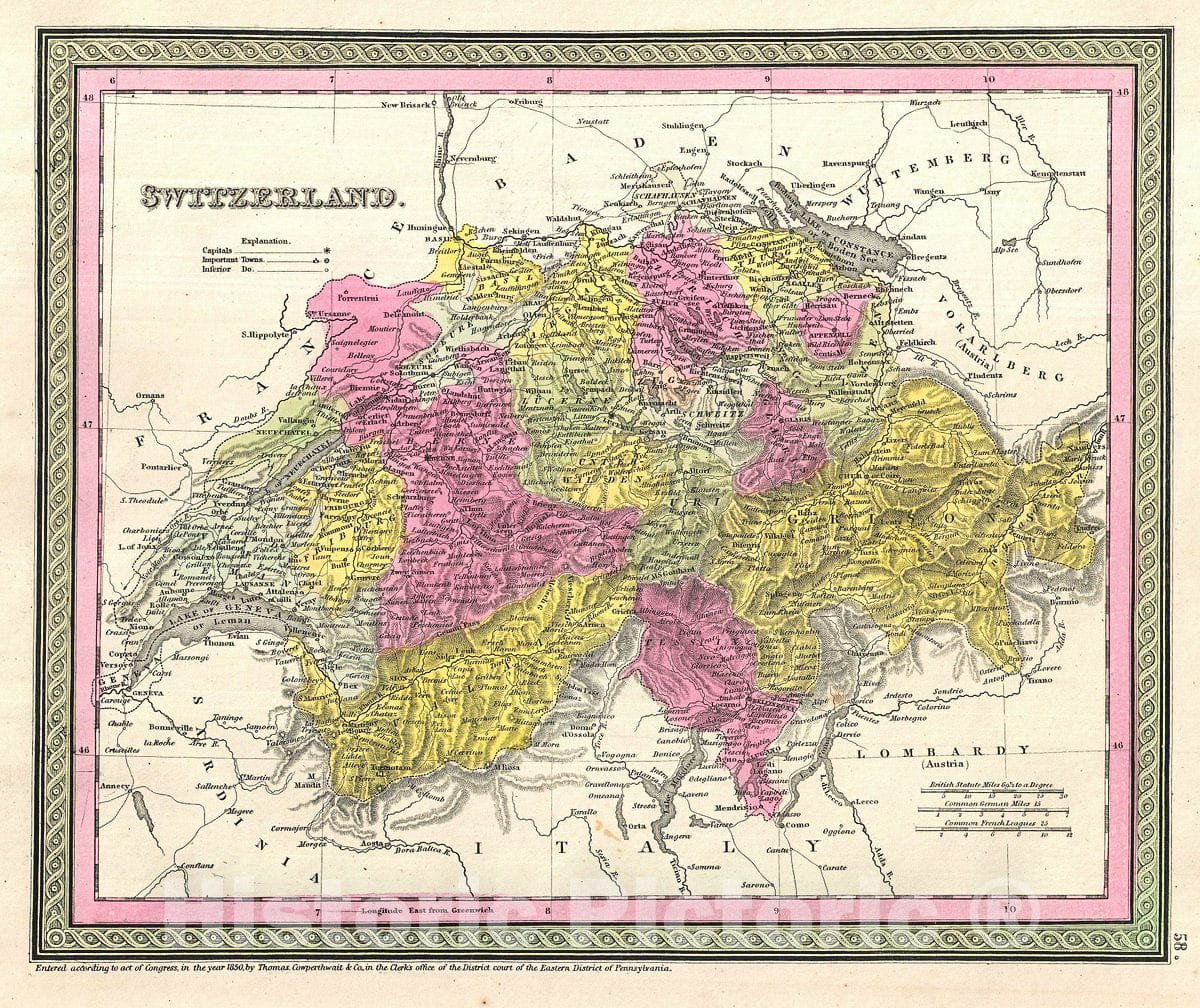 Historic Map : Mitchell Map of Switzerland, Version 2, 1854, Vintage Wall Art