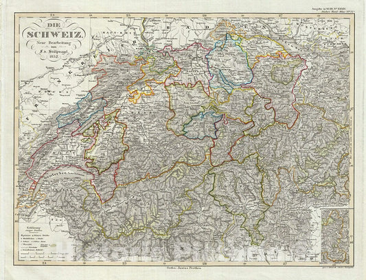 Historic Map : Perthes Map of Switzerland, 1852, Vintage Wall Art