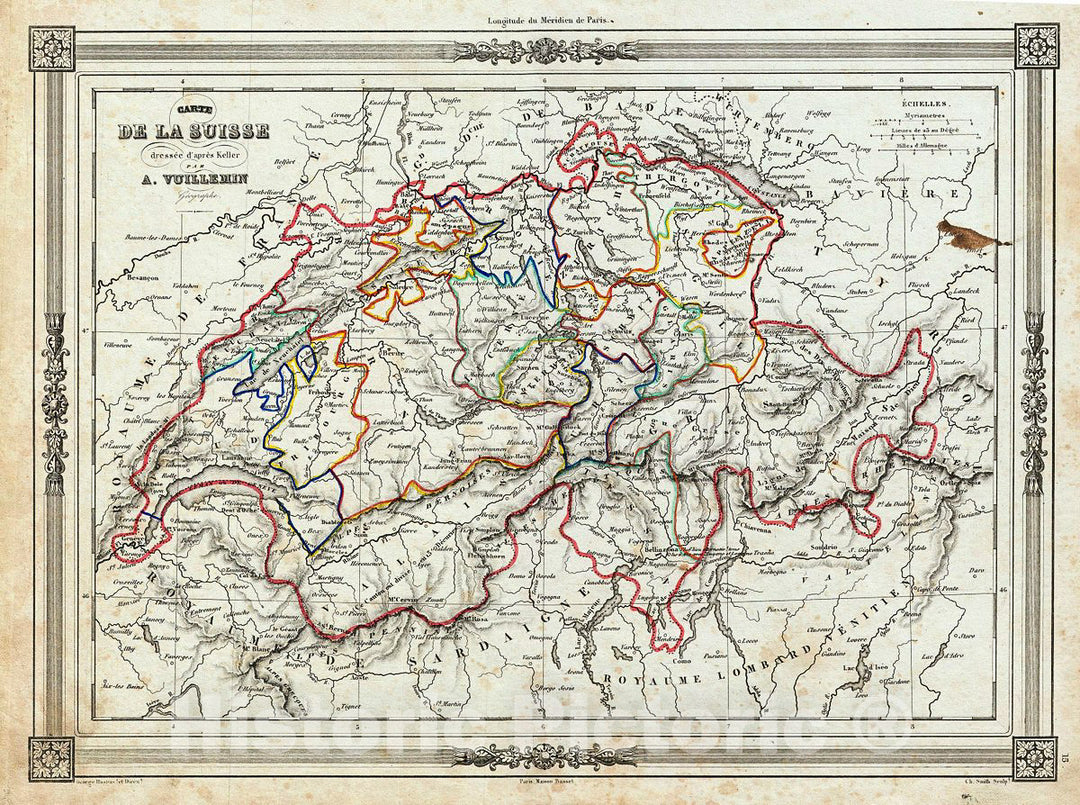 Historic Map : Vuillemin Map of Switzerland, 1852, Vintage Wall Art