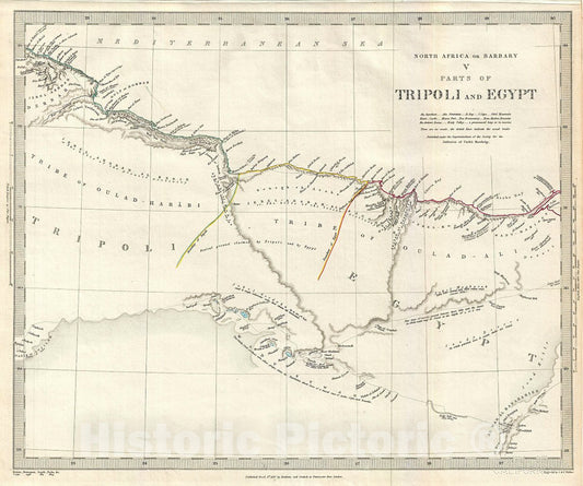 Historic Map : S.D.U.K. Map of Egypt and Tripoli (Libya) on The Barbary Coast of Northern Africa, 1844, Vintage Wall Art