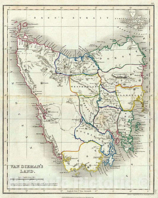 Historic Map : Dower Map of Van Diemen's LanArt Tasmania, 1860, Vintage Wall Art