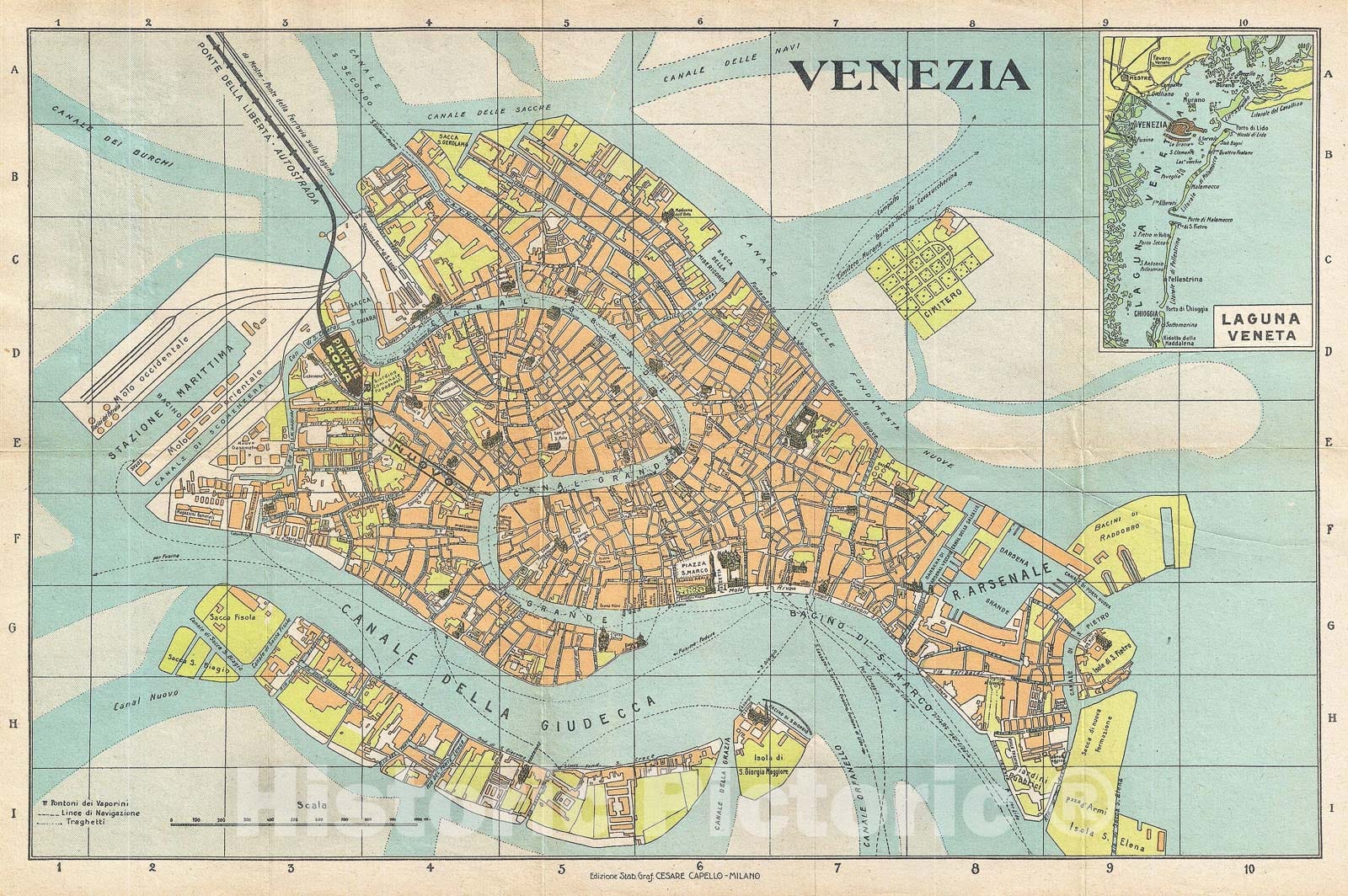 Historic Map : Capello Pocket Map or Plan of The City of Venice, Italy, 1950, Vintage Wall Art