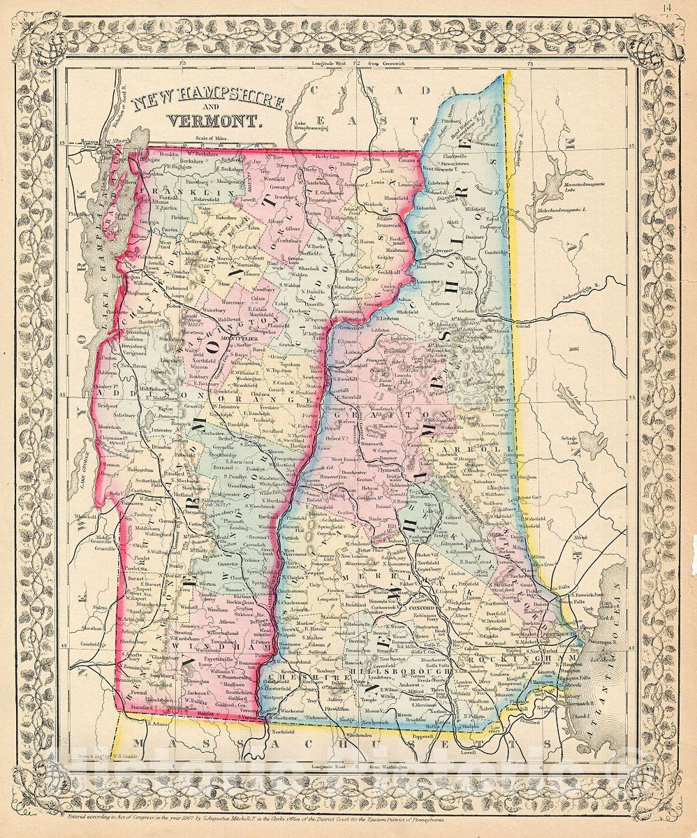 Historic Map : Mitchell Map of Vermont and New Hampshire, 1867, Vintage Wall Art