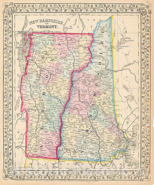 Historic Map : Mitchell Map of Vermont and New Hampshire, 1867, Vintage Wall Art