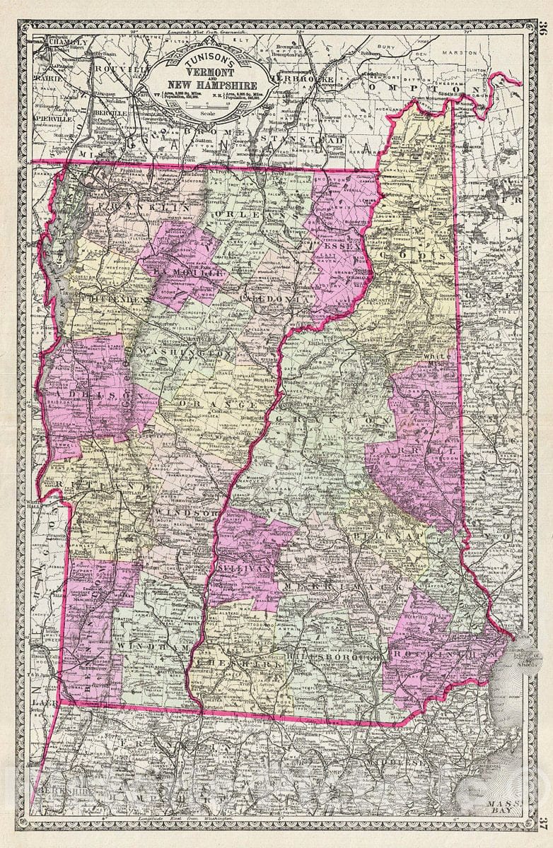 Historic Map : Tunison Map of Vermont and New Hampshire, 1887, Vintage Wall Art