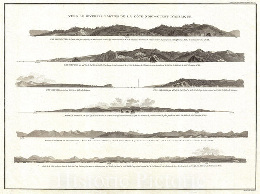 Historic Map : Vancouver View of Cape Flattery, Mendocino, Oreford, Juan de Fuca, etc, 1799, Vintage Wall Art