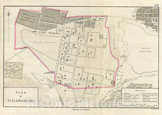 Historic Map : Pharoah Map or Plan of The City of Vizianagaram, Andhra Pradesh, India, 1854, Vintage Wall Art
