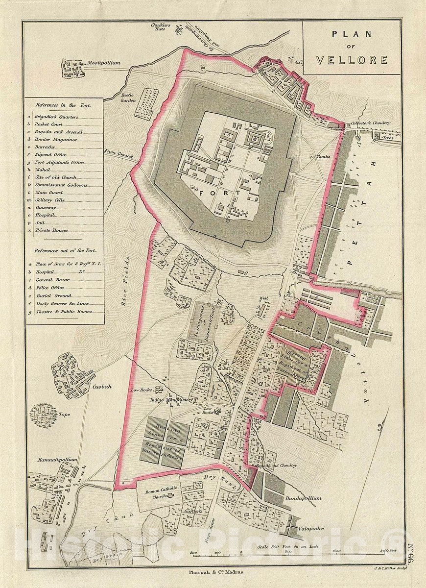 Historic Map : Pharoah Map or Plan of Vellore, Tamil Nadu, India, 1854, Vintage Wall Art